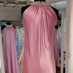 lipstick pink dress with beaded necklace